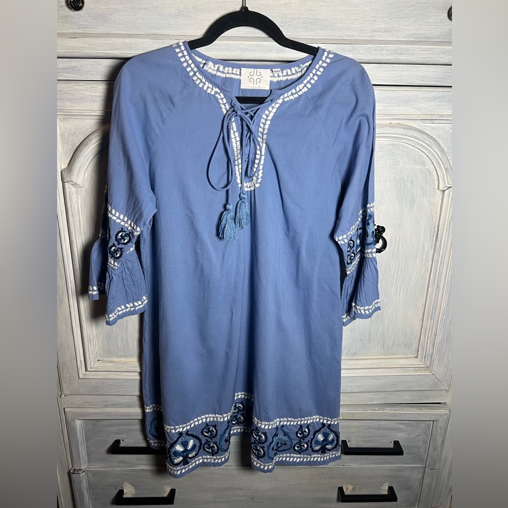 Pomegranate Inc Blue Cotton Embroidered Tunic Dress Boho Peasant Cottagecore‎
